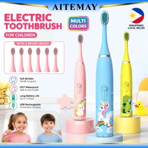 (Manila Stock) Aitemay Kids Sonic Electric Toothbrush with 6 Replacement Heads IPX Waterproof Soft Bristles 4 Brushing Modes 2Min Smart Timer