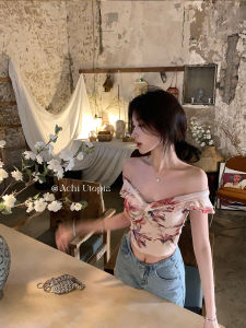 Pink V-neck Shoulder-baring Printed T-shirt Auchi Elegant Design Slim Fit Knotted Hem Short Style Commute Floral Polyester Summer Cool Feeling