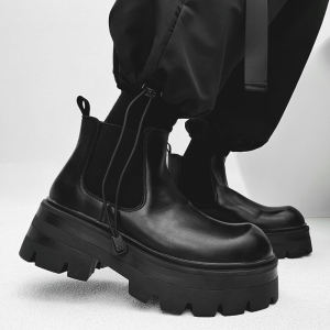 Giày Chelsea Boot Nam Giày Bốt Martin Đáy Dày Tăng Chiều Cao Giày Boot Cổ Ngắn Da Giày Cao Gót Mũi Tròn Trên Giày Bốt