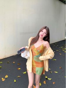 น่าทึ่ง หวาน และย้อนยุคเผ็ด สายคล้อง เดรส ผู้หญิง ฤดูร้อน ใหม่ เอว พรางหุ่น บรรยากาศการชนสีที่ไม่ซ้ําใคร สวยงาม เดรส