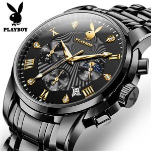 PLAYBOY Watch For Men Waterproof Original Luxury Multifunction Chronograph Luminous Calendar Quartz Movement Genuine Watch