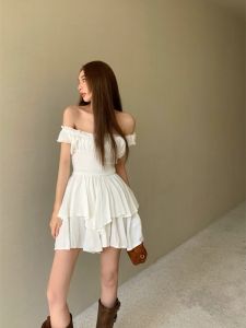White One-Shoulder Short-Sleeve Vest Dress Women Spring Sweet Spicy Pleated Hollow A-Line Mini Skirt Elegant Skirt