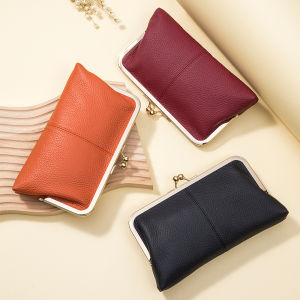 Fashion Ladies Long Clip Bag Selected First Layer Cowhide Material Wallet Mouth Gold Design Large-Capacity Clutch Storage Bag Clutch Banquet Bag