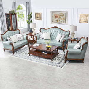 American-Style Leather Sofa Solid Wood Sofa Combination Living Room New Classical Furniture Complete European-Style Double Three-Seat Sofa