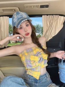 GUZILIAN | Dopamine American Y2K Plaid Strap Vest Womens Outdoor Summer Thai Sweet Spicy Girl Tube Top One Shoulder Top Street Style