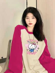 Preppy Style Raglan Long Sleeves T-Shirt Female Early Autumn Plus Size Hellokitty Hello Kitty Niche Style Loose-Fitting Pure Cotton Top