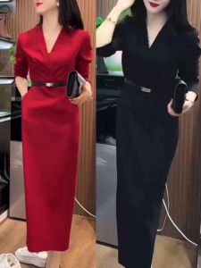 Long Sleeve Slim Fit Formal Dress Evening Gown after Dinner Party Commute Korean Style High Waist Tailored Vest Dress