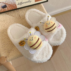 Cozy Lamb Fur Slippers Womens Casual Home Slippers Cute Bee Design One-Strap Cotton Slippers Korean Style Home Shoes
