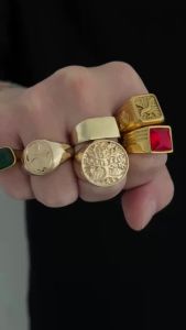 SHIXIN 6Pcs/Set Vintage Gold Color Signet Chunky Wedding Charm Rings Men Punk Charm Acrylic Rhinestone Finger Ring Jewelry Gift