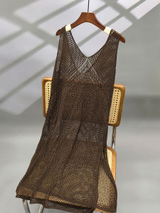 Ice Silk V-Neck Backless Knitted Tube Top Dress Loose Overhead Mid-Length Sleeveless Hollow out Womens Summer Thin Fabric