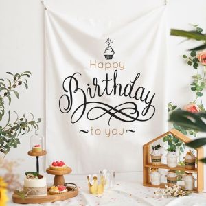 VIKAMA Minimalist Black White Happy Birthday Tapestry Party Backdrop for Kids Adults Birthday Decor Bedroom Photo Background