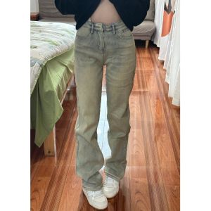 Quần Jeans Denim Dye Mud Ống Thẳng Co Giãn Cạp Cao Cho Nữ Quần Dài Đến Sàn Ôm Dáng Ôm Dáng Quần Jeans Thường Ngày