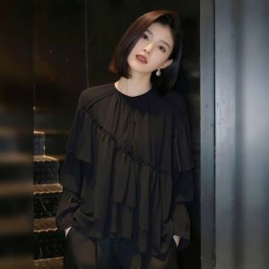 YUFUQING | Elegant Slim Black T-Shirt With Ruffles