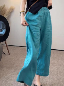 YUFUQING | Quần ống đứng bằng vải lanh cotton mỏng mùa hè 2024 cho nữ cỡ nhỏ quần dài đến mắt cá chân màu xanh lục họa tiết hoa văn đơn giản