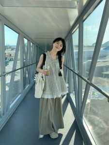 Unique Beautiful Womens Summer Sleeveless Plaid Ruffle Collar Vest Wide Leg Pants Two-Piece Set Fashionable Casual Outfit