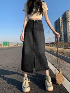 High Waist Denim Mini Skirt Womens Spring Autumn Loose Fitting A-Line Midi Skirt Retro Straight Cut Casual Comfortable