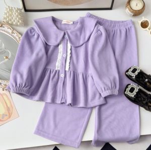Bear Leader 3-7 Years Old Cute Baby Girl Clothes Korean Version Plain Casual Childrens Clothing Purple Long Sleeved Lapel Top + Pants