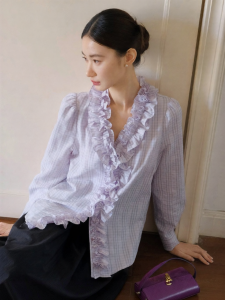 XXNING | Áo Sơ Mi Caro Cổ Voan Lớp Lấp