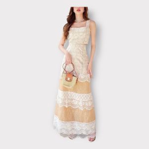 Sleeveless Mesh Lace Crop Top and High Waist Long Skirt Set - Spaghetti Strap Square Neck (PIMNADACLOSET)