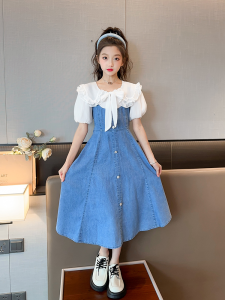 Váy Nữ Mùa Hè Phong Cách Mới Tay Bồng Váy Denim Mỏng Cho Trẻ Em Váy Công Chúa Mùa Hè Cho Bé Gái