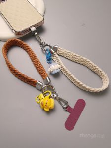 Durable Leather Braided Phone Strap Short Style Cartoon Pendant Womens Handmade Tail Universal Shell Compatible Digital Accessory