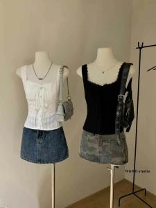 French Style Lace Splice Sleeveless Vest Summer Slim Fit Short Top Girl Tie Waist Design No Brand Pure Color Casual Outerwear