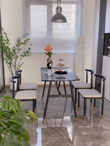 120x60cm Kitchen Table Set European Style Dining Table Set with 4/6 Chairs Wood Metal Dining Room Furniture for Home (White/Black)