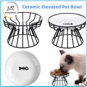 SKISOPGO Pet Bowls Elevated Cat Bowl Raised Ceramic Cat Dog Dish with Metal Stand Pet Food Feeding Station for Cats Kitten Puppies and Small Dogs