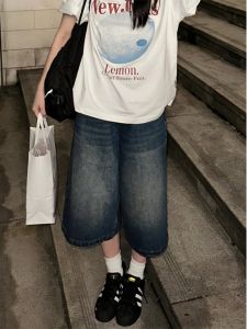 Retro American High Street Wide Leg Jeans Shorts Womens Loose Fit Five Parts Pants Straight Seven Parts Trousers
