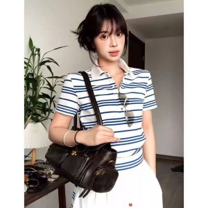 Slim Fit Striped Polo Shirt T-Shirt Women Summer Short Sleeve Classic Shoulder American Retro Top Trendy Cotton Moisture Wicking