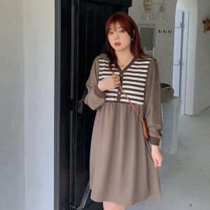 Plus Size Ladies Oversize Womens Clothing 150.00kg Fake Two-Piece Dress 240 Mid Length Long Length Slim Looking Patchwork Stripes Skirt 230