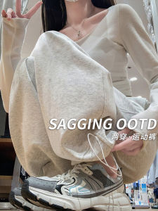 กางเกงกีฬาขายาวเอวสูงสีเทา ทรงหลวม ลำลอง สไตล์อเมริกัน กางเกงขายาวทรงหลวมสำหรับผู้หญิง ฤดูใบไม้ผลิและฤดูใบไม้ร่วง