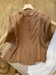 Pure Color Cotton Linen Half Sleeve Shirt for Women Summer Design Slim Fit Casual Style Doll Collar Work Clothing Artsy Patchwork
