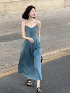 QINGMUZI | Tea Time Elegant Retro Style French Princess Chic Denim Dress