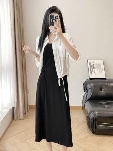 ฤดูร้อน ผ้าคลุมท้องแบบปม เดรส ชุดเสื้อป้องกันแสงแดดแบบบาง เสื้อแจ็คเก็ต เสื้อกั๊ก ความยาวปานกลาง กระโปรง ชุดสองชิ้นสูง เอว ทรงเอ เดรส