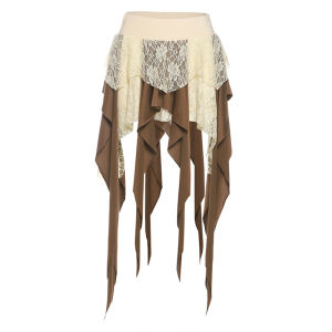 กระโปรงสั้นเอวสูง SylCue ทรงเข้ารูปไม่สมมาตร ลูกไม้ เอฟเฟกต์กระชับสัดส่วน กระโปรงสั้นทรงเอแบบสวมทับ