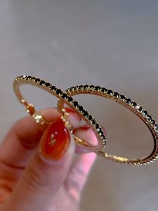 S925 Silver Needle Earrings with Black Diamond Geometric Pattern Retro Court Style for Women Large round Circle Gold Plated