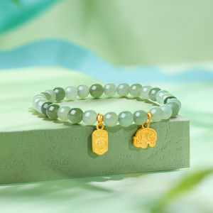 ZHOU LIU FU 周六福 24K Solid Gold Lucky Elephant Green Jade Bead Bracelet Pure Gold Elastic Fortune "福" Plate Bracelet for Women Girlfriend Y1910851