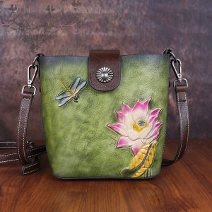 Aidrani Genuine Leather Women's Vintage Bag: Top Cowhide Shoulder Crossbody Bag with Flower Design