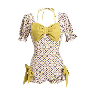 Sweet Girl One-Piece Swimsuit Triangle Thermal Spring Womens Short Sleeve Yoga Fitness Sports Wear Butterfly Knot Cover up