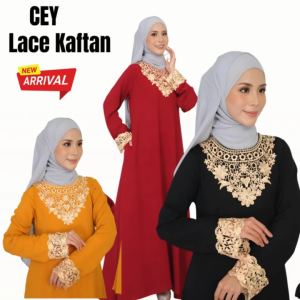 Baju Raya Kaftan Jubah Muslimah Ironless Cey | Abaya Dubai Lace Poket & Zip Belakang | Muslimah Kain Wanita
