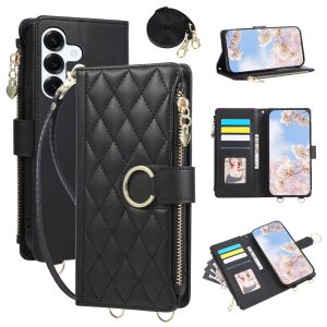 Quilted Zipper Wallet Phone Case For Samsung S26 Ultra S25 S24 Plus S23 FE A57 A37 A17 Crossbody Strap Leather Card Holder Cover