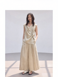 epoque de rueen | Herringbone Pattern Linen Sand Washed Waist-cinching 9-Points Pants Suit