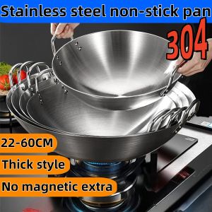22/30/32/34/36/38/40/40/60CM With Double Handles 304 Stainless Steel Higher Home Thickened Non-Stick Pan Easy To Clean  Wok For Gas Stove Top And Induction Cooker Frying Pan Large-Capacity