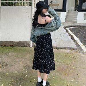 plus Size Spring Outfit Floral Halter Dress And Denim Jacket Two Piece Set Slimming Waist High Waist a Line Skirt Long Sleeve