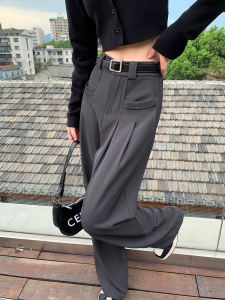 กางเกงขายาวทรงหลวมเอวสูงสีเทา ทรงหลวม กางเกงขายาวทรงตรงสำหรับใส่ทำงาน กางเกงขายาวลำลองสำหรับใส่ทำงาน ทรงหลวม ทรงหลวม ทรงหลวม