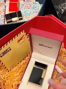 Bật Lửa Gas Đá Derui Nguyên Khối Màu Đen Viền Vàng