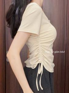 เสื้อยืดแขนสั้นคอวีทรงเข้ารูปสําหรับผู้หญิงฤดูใบไม้ผลิสายรัดเอวคู่ออกแบบเสื้อผ้าทํางานลําลอง