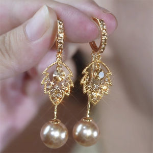 Hoa Tai Ngọc Trai Lá Rụng Sang Trọng Kiểu Pháp Cho Nữ Thiết Kế Độc Đáo Khóa Tai Cảm Giác Đầy Đủ Kim Cương Vàng Bạc Đồng