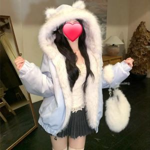 Cute Fluffy Hooded Jacket Womens Thickened Double-sided Wear Design Sense Fleece-lined Winter Cotton Coat Warm Casual Style